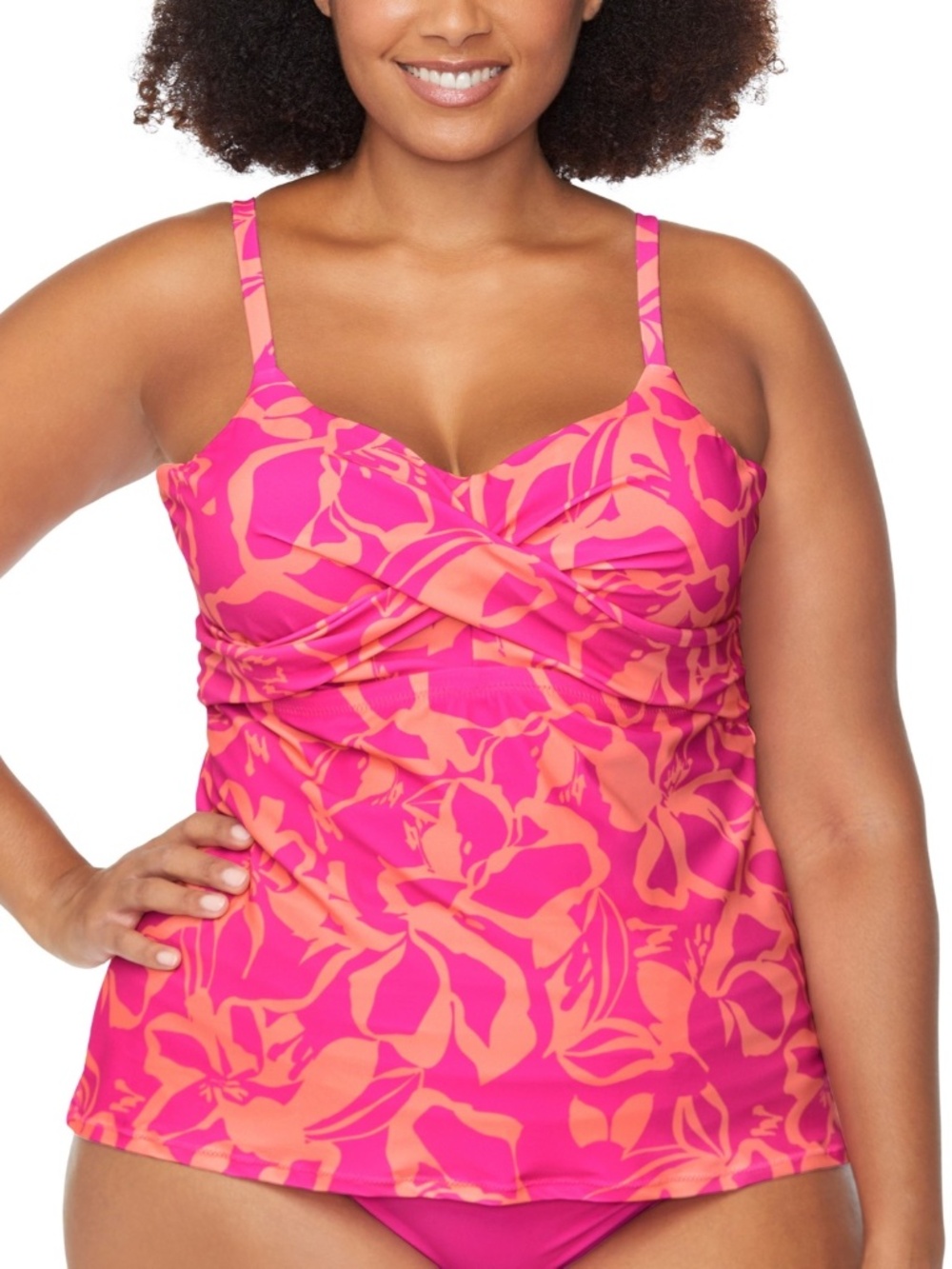 Raisins Curve Trendy Plus Aries Printed Ruched-Front Tankini - Pink Multi